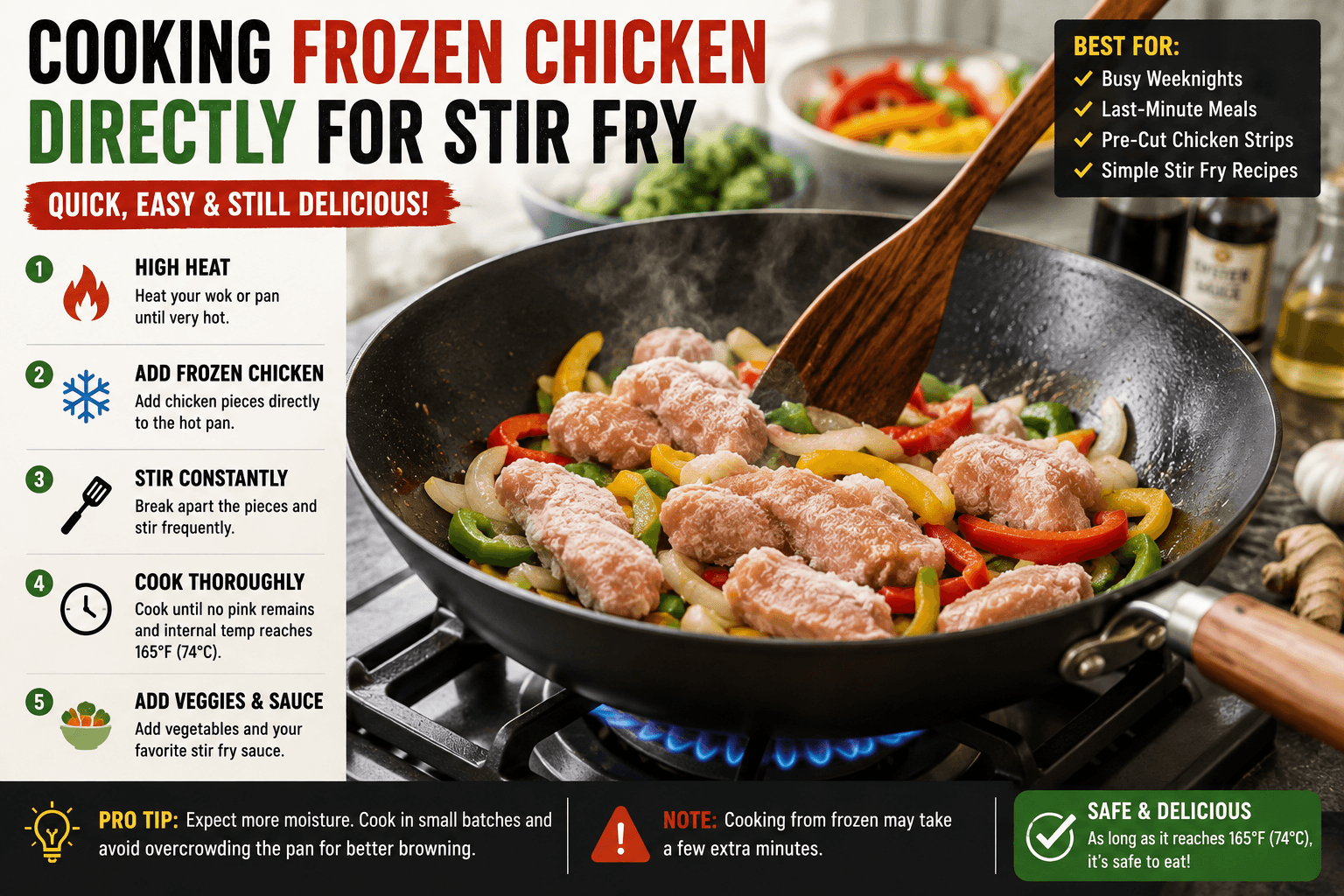 Cooking frozen chicken pieces in a wok for stir fry over high heat