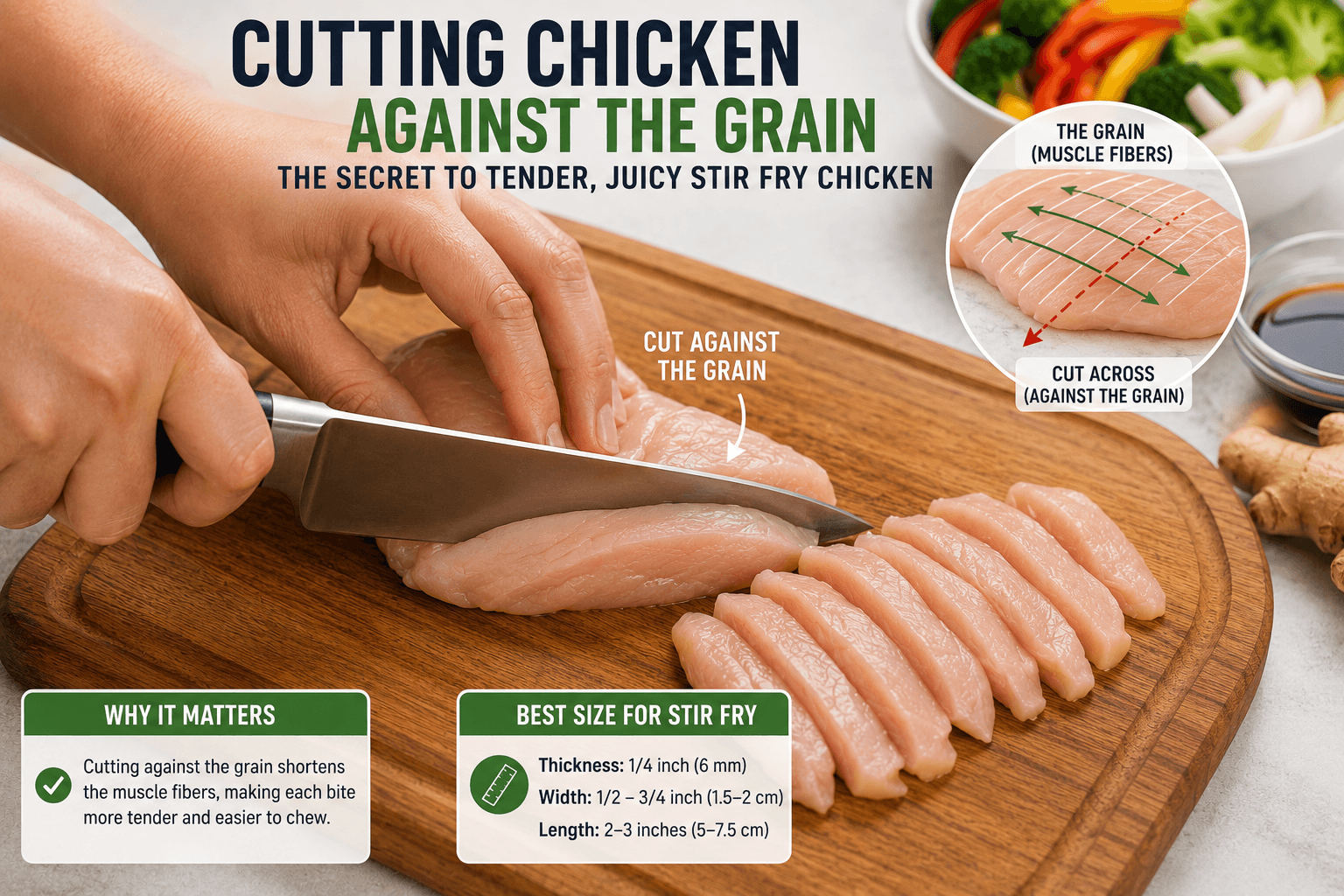 Cutting chicken against the grain into thin strips for stir fry