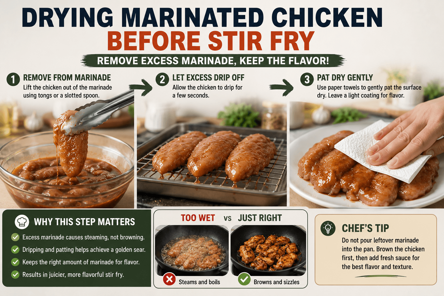Removing excess marinade from chicken before stir fry while keeping a light coating for flavor