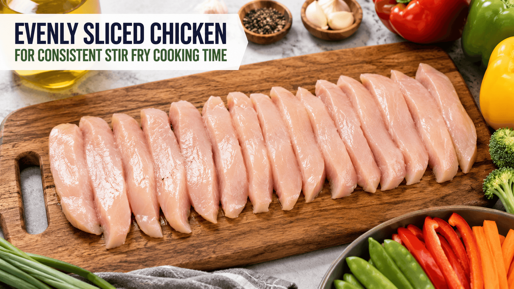 Evenly sliced chicken pieces for consistent stir fry cooking time