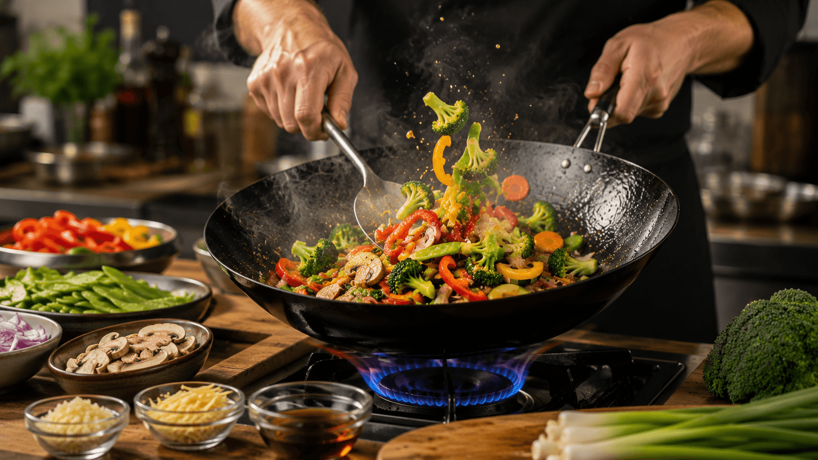 Professional chef using high heat and tossing vegetables in a wok for crisp stir fry