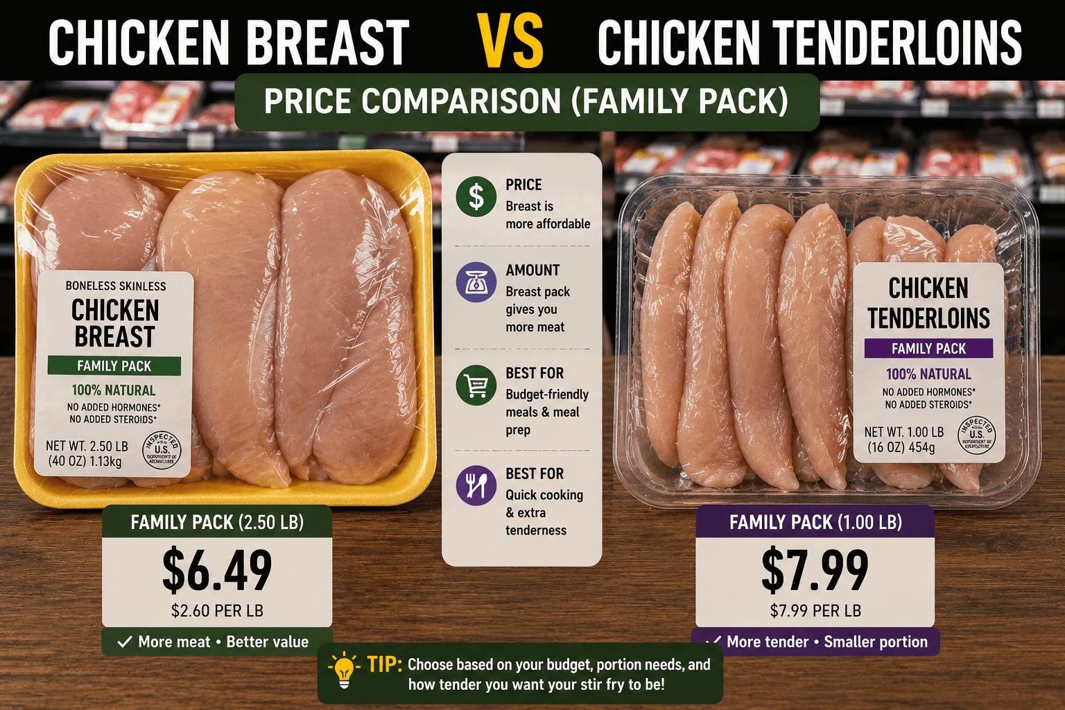 Family pack of chicken breast compared with packaged chicken tenderloins at a grocery store
