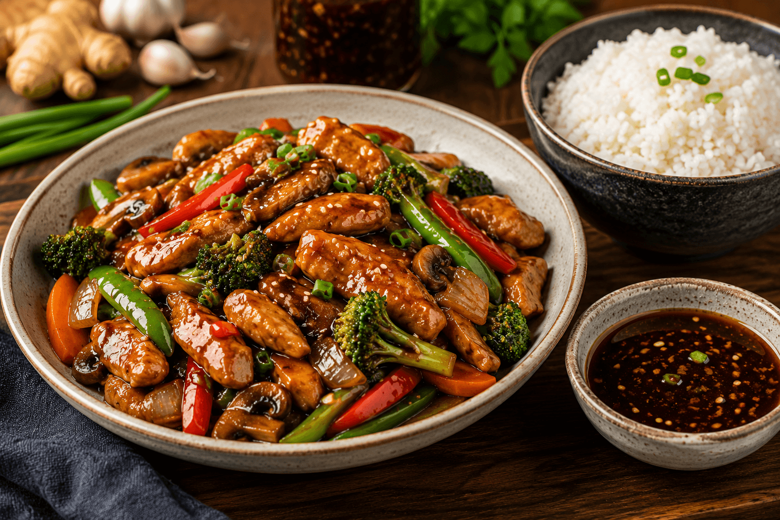 Finished homemade stir fry sauce served with chicken vegetables and steamed rice