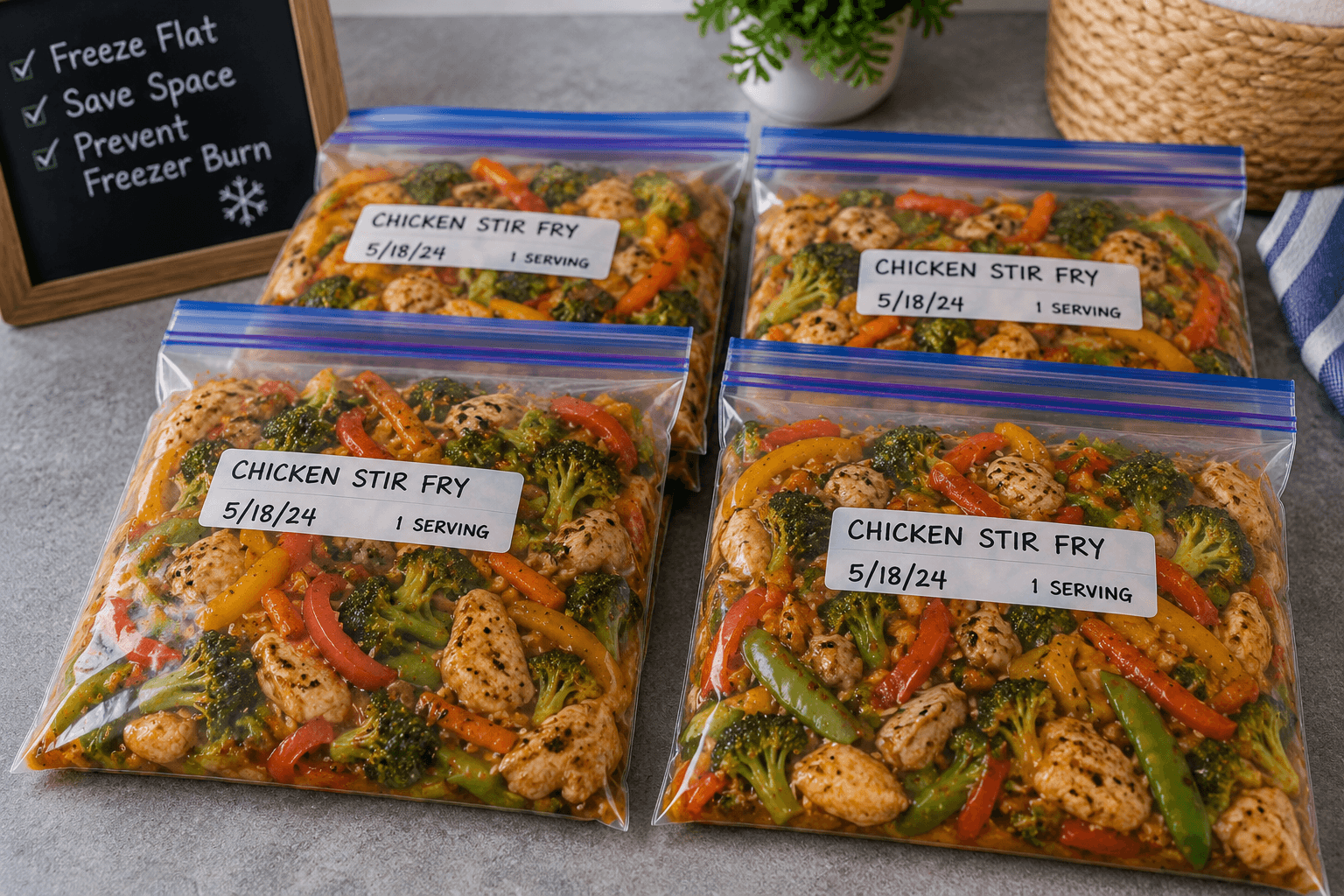Chicken stir fry stored flat in freezer bags to prevent freezer burn