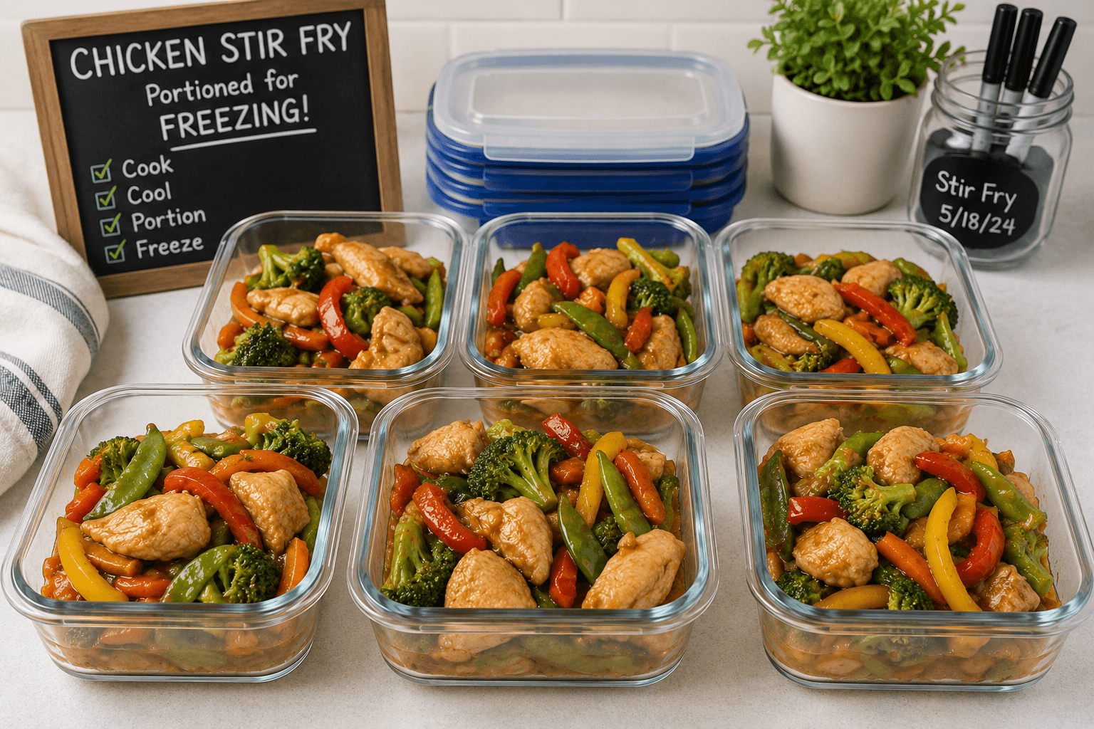 Individual portions of chicken stir fry prepared for freezing in airtight containers