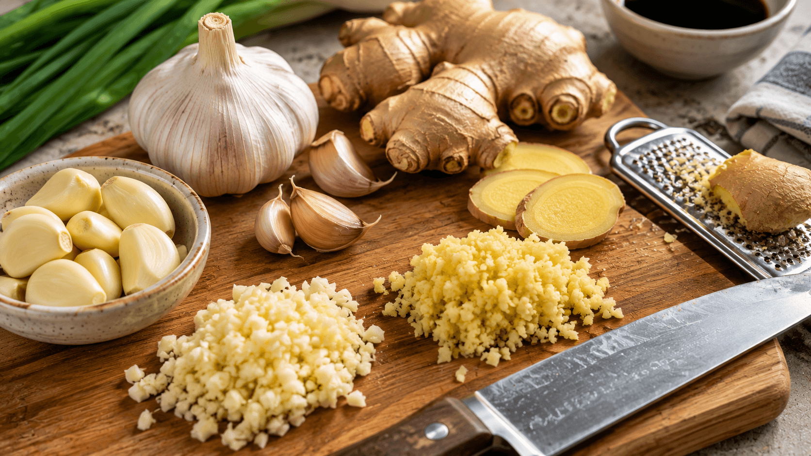 Fresh garlic and ginger being prepared for the best chicken marinade ingredients