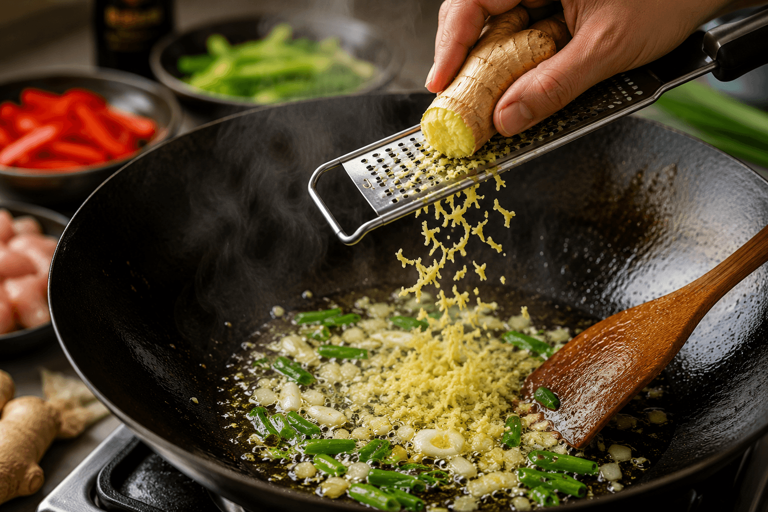 Fresh ginger being grated into a hot wok before cooking chicken stir fry