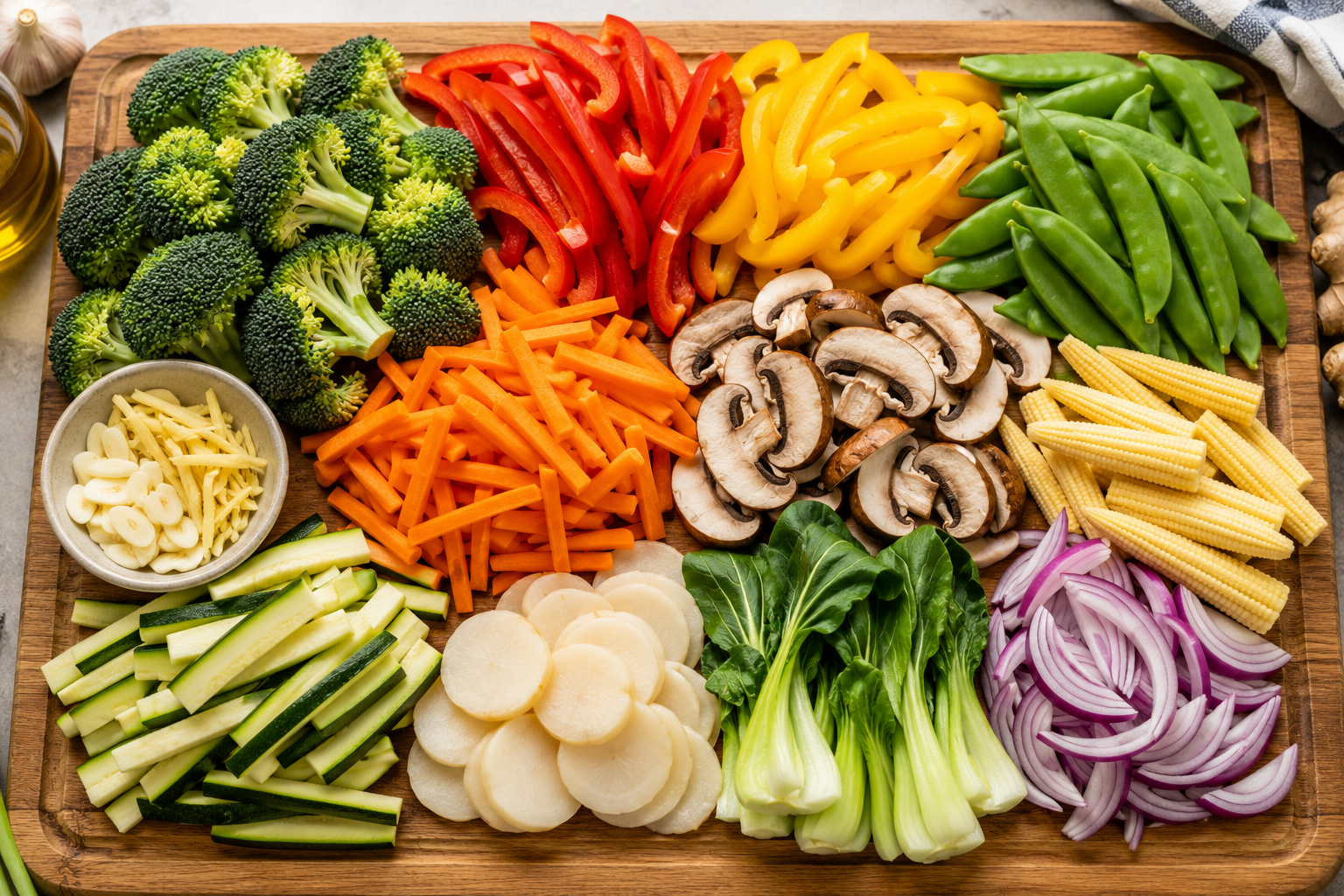 Fresh colorful vegetables prepared for chicken stir fry on a wooden cutting board