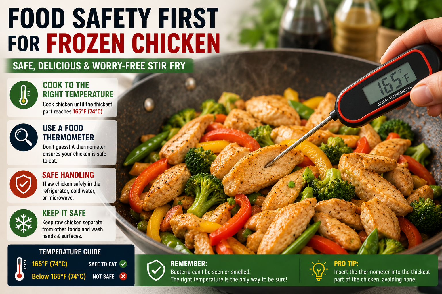 Checking the internal temperature of cooked frozen chicken for stir fry with a meat thermometer