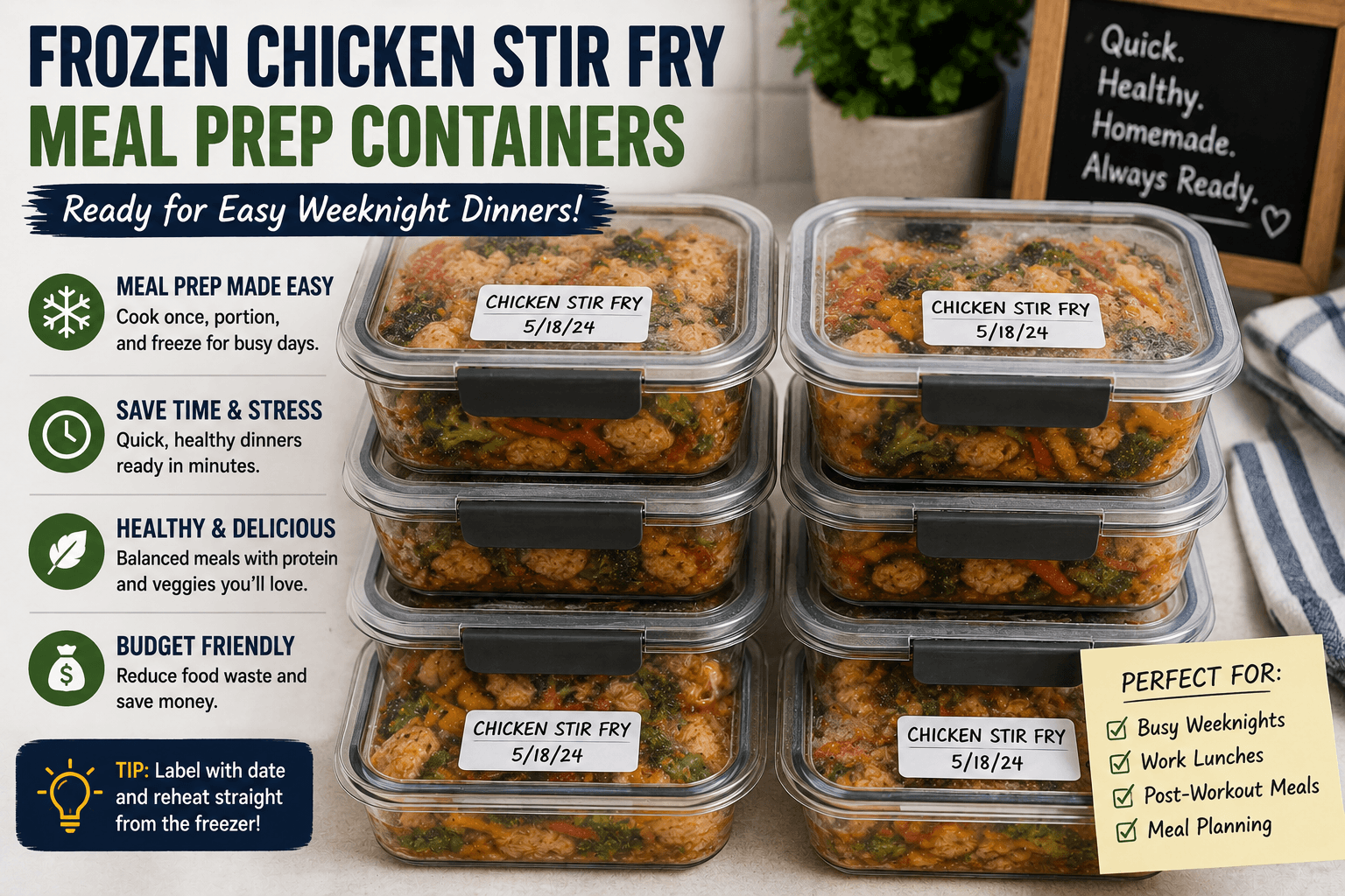 Frozen chicken stir fry meal prep containers ready for easy weeknight dinners
