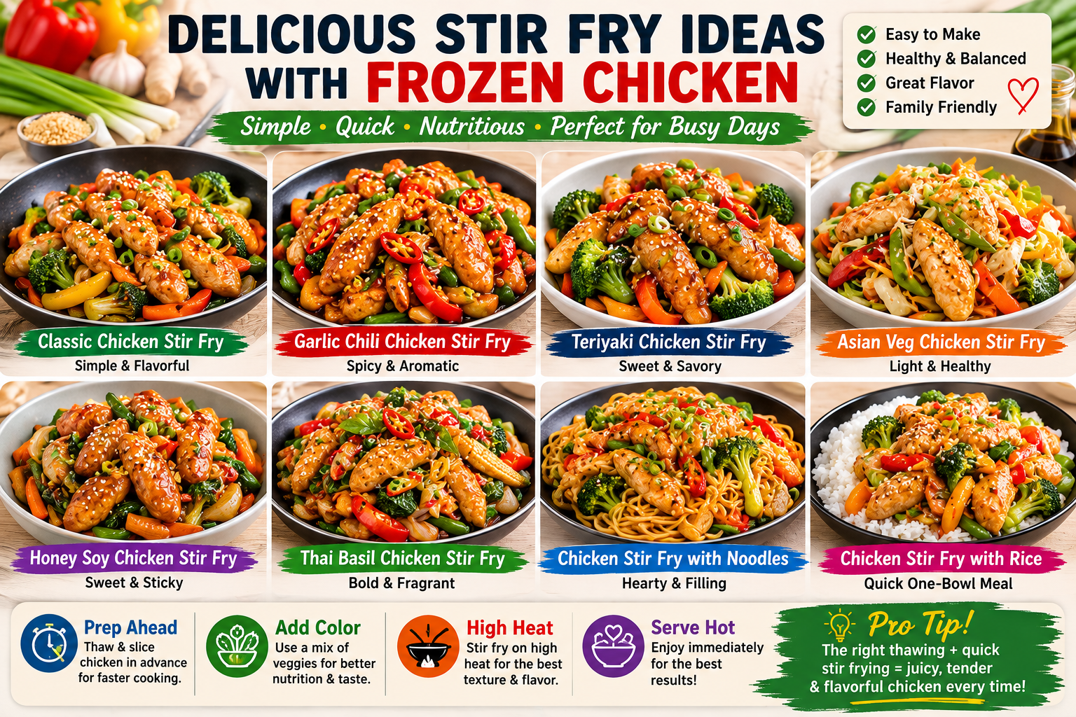 Different chicken stir fry variations made with properly thawed frozen chicken