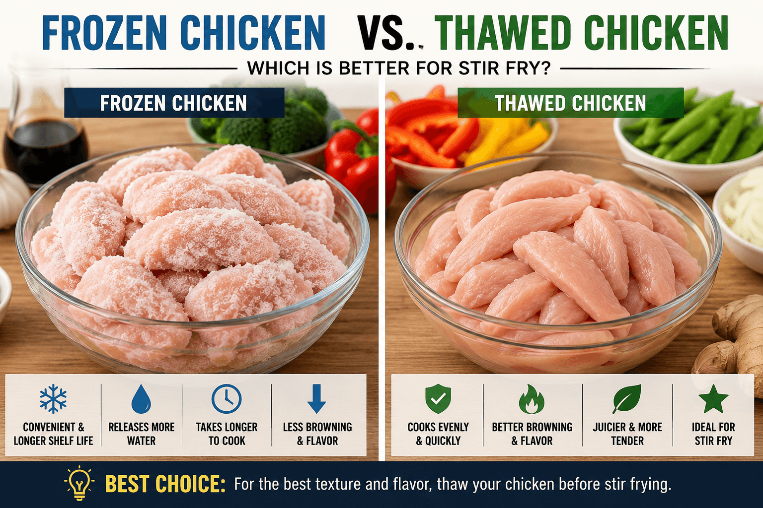 Comparison of frozen chicken and thawed chicken prepared for stir fry
