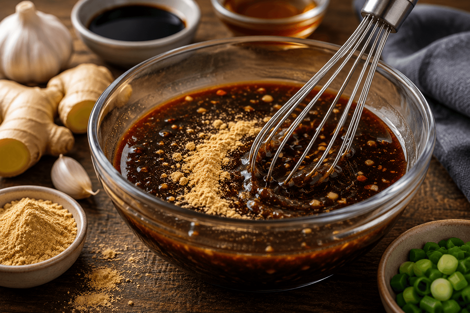 Ground ginger powder whisked into homemade stir fry sauce ingredients