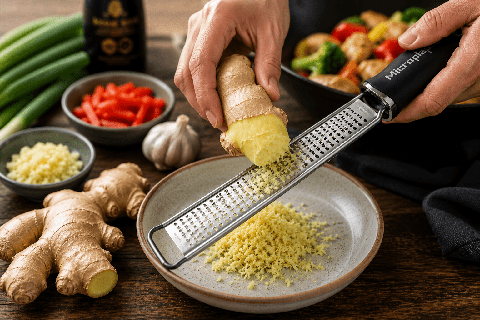 Finely grating fresh ginger with a microplane for stir fry recipes