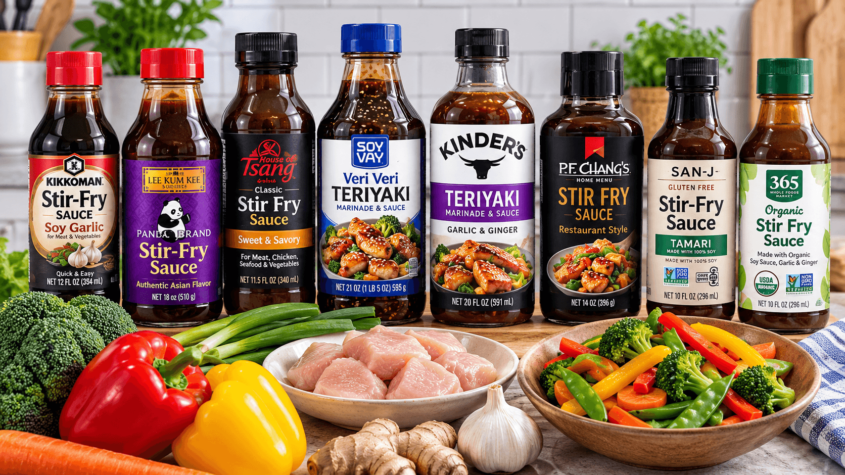 Different store bought stir fry sauce bottles displayed with fresh vegetables and chicken