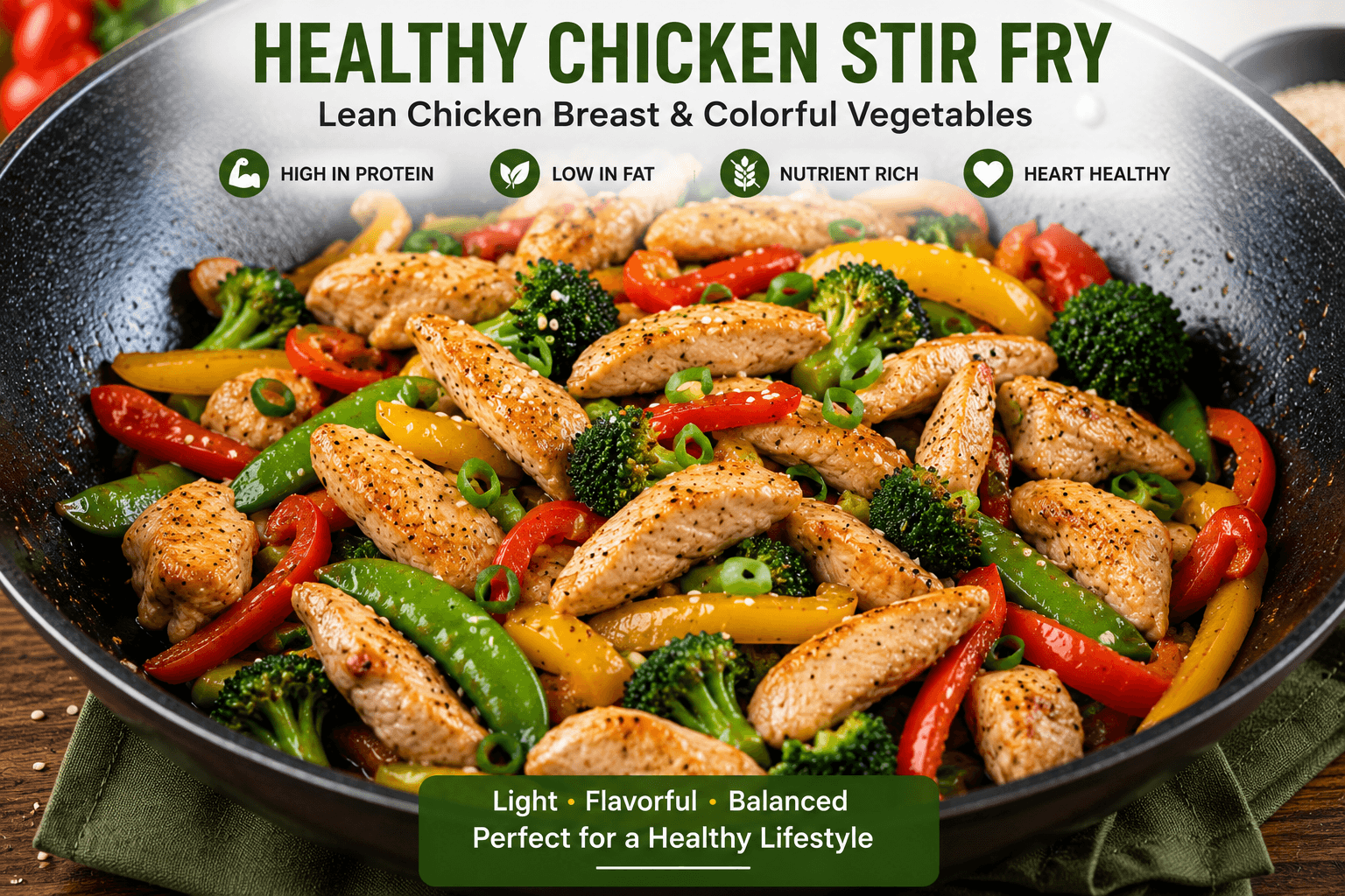 Healthy chicken stir fry made with lean chicken breast and colorful vegetables