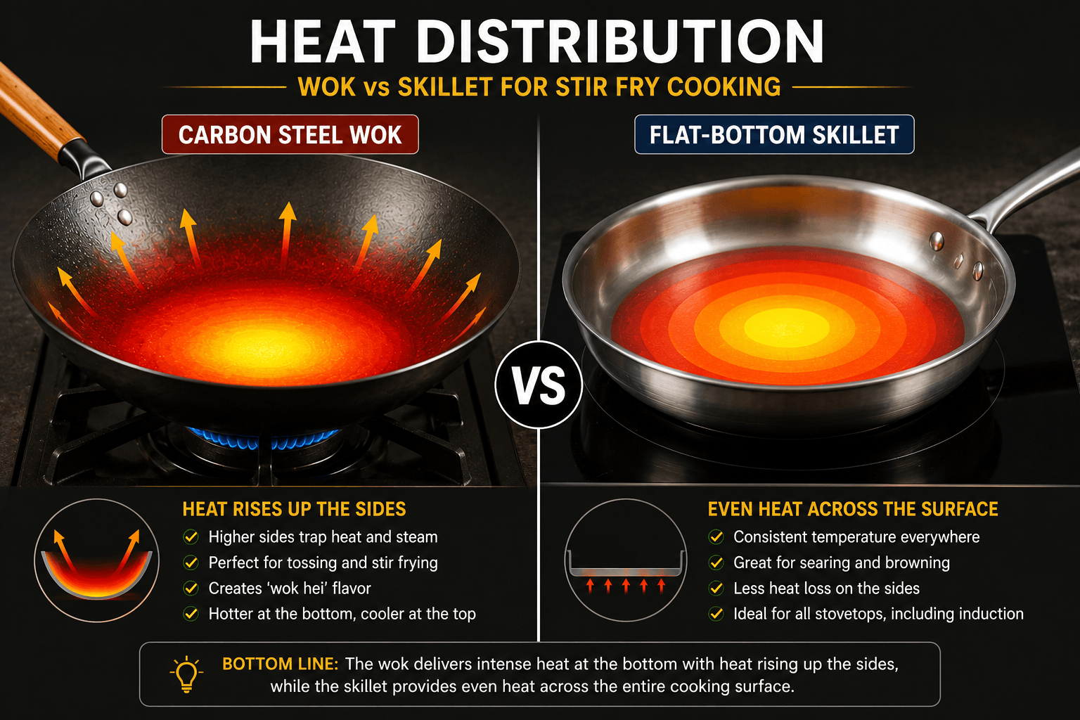 Heat distribution comparison between a carbon steel wok and a flat-bottom skillet for stir fry cooking