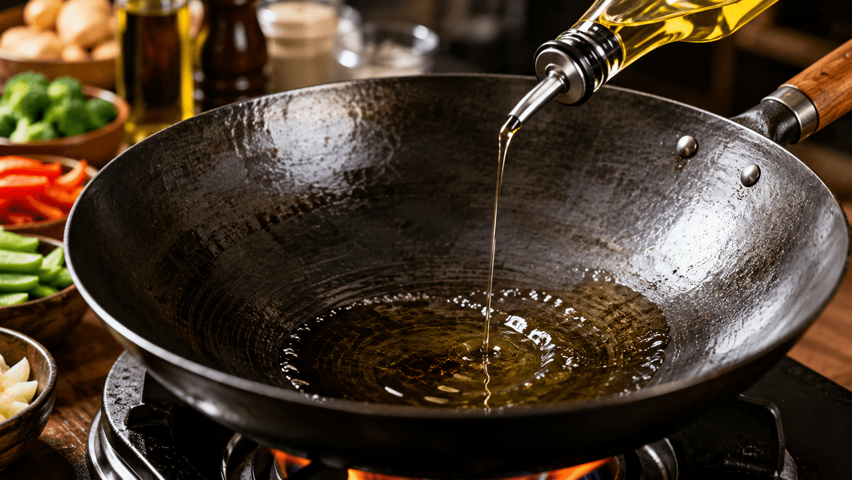 Cooking oil coating a hot wok before adding stir fry ingredients
