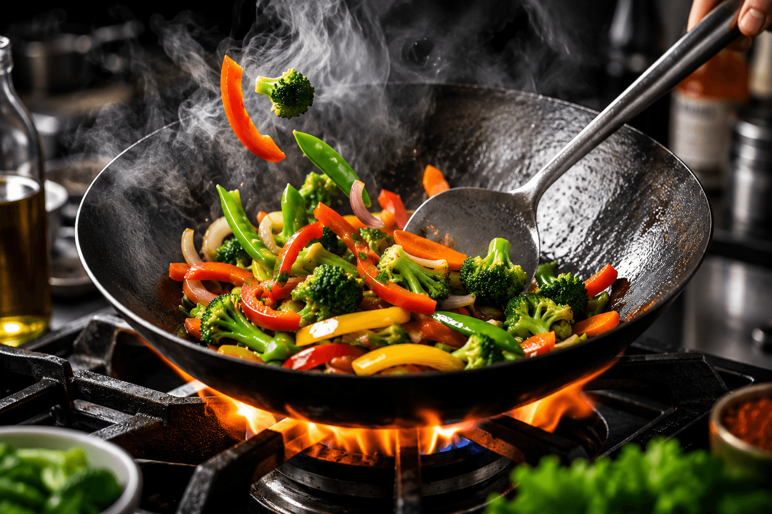 Cooking vegetables over high heat in a wok to prevent soggy stir fry vegetables