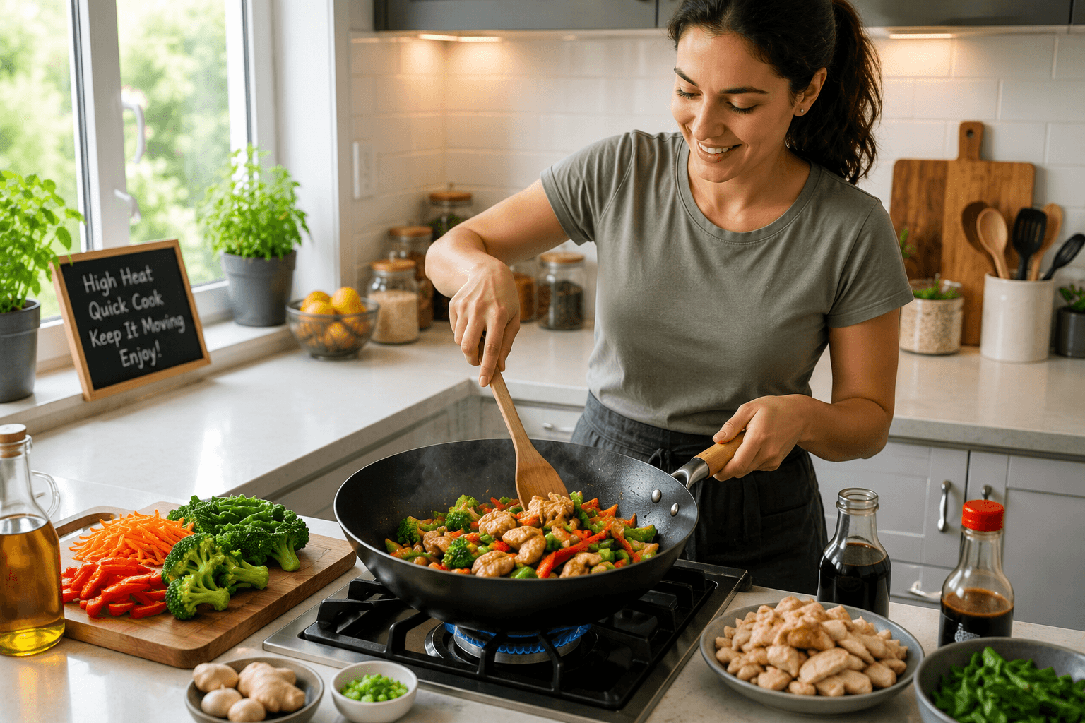 Home cook preparing a healthy chicken and vegetable stir fry in a modern kitchen