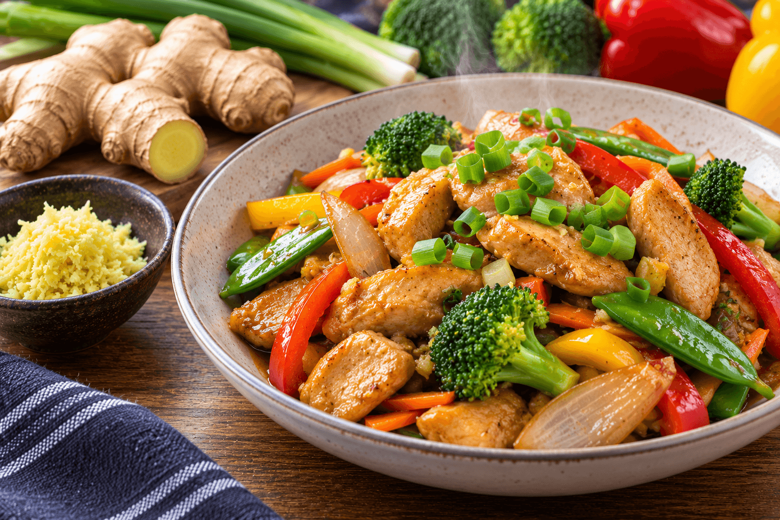Homemade chicken stir fry prepared with freshly grated ginger and vegetables