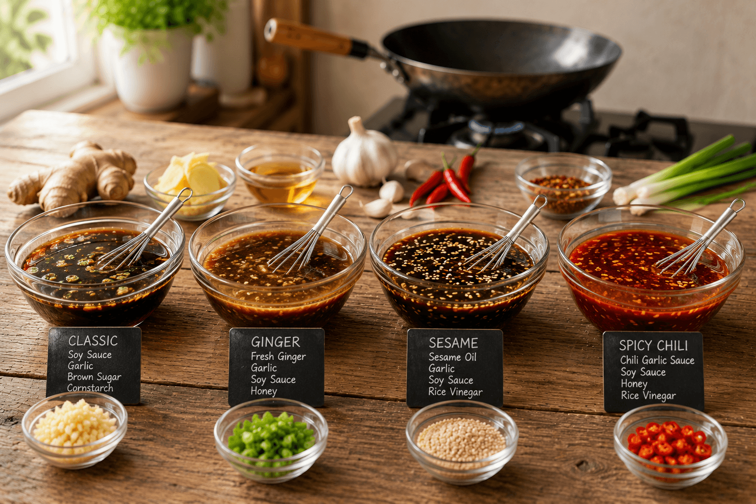 Different flavor variations of homemade stir fry sauce with ginger sesame oil chili and honey