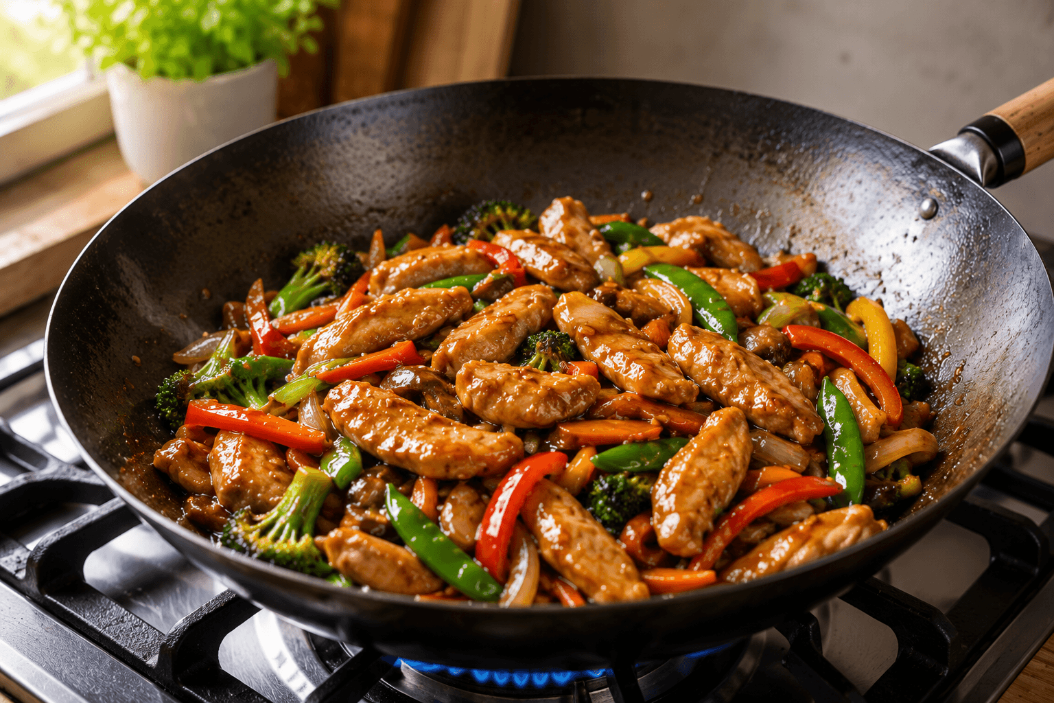 Chicken and vegetables coated with glossy homemade stir fry sauce in a wok