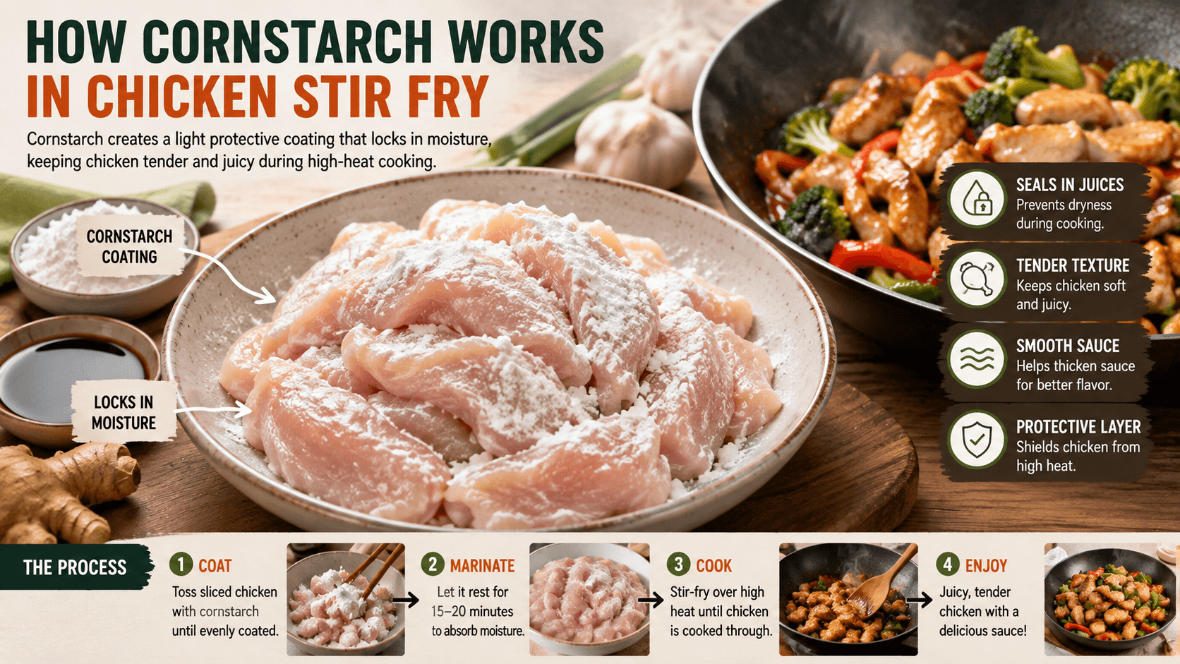 Cornstarch coating sliced chicken before cooking to keep it tender in a chicken stir fry