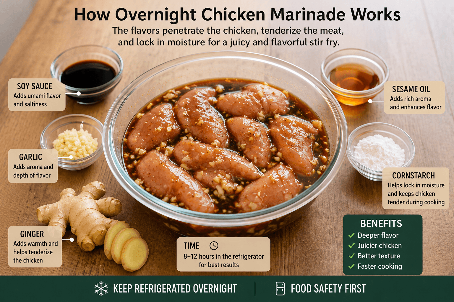 Ingredients in an overnight chicken marinade including soy sauce garlic ginger sesame oil and cornstarch