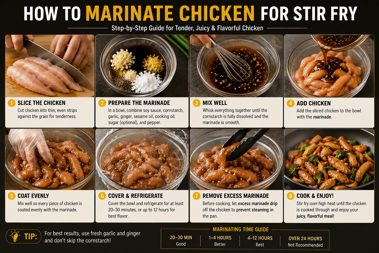 Step by step process of marinating chicken for stir fry in a mixing bowl with soy sauce cornstarch garlic and ginger