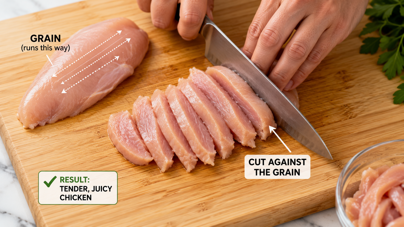 Demonstration of slicing chicken breast against the grain with a chef's knife for juicy stir fry