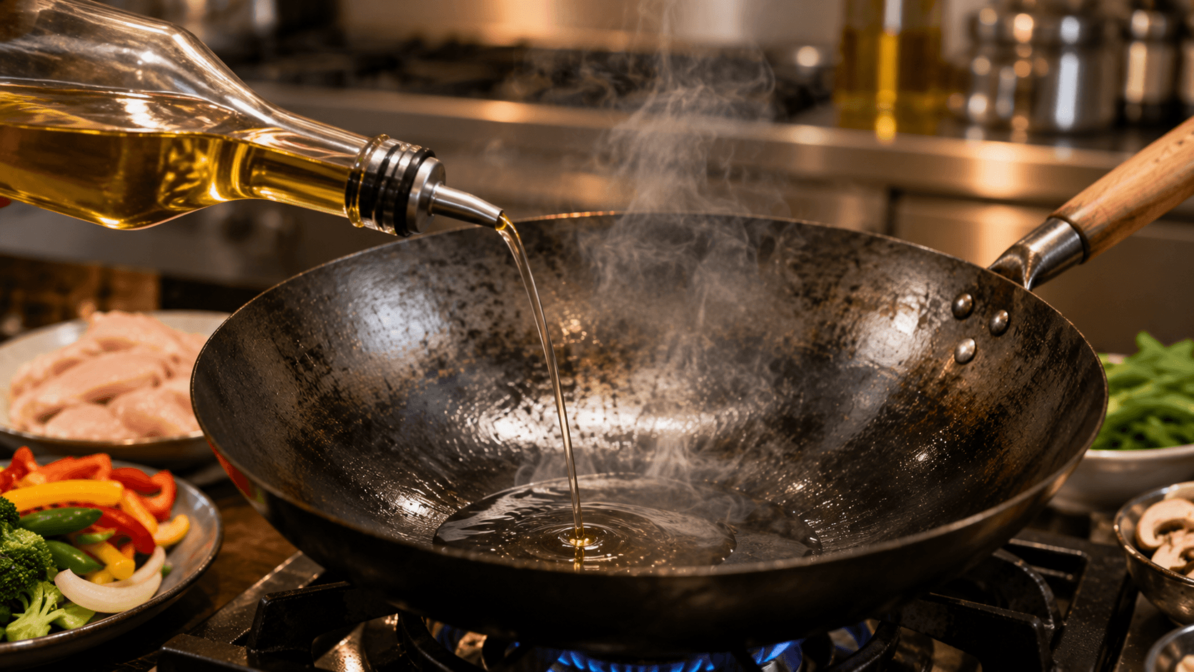Pouring the best oil for stir fry into a preheated wok before cooking vegetables and chicken