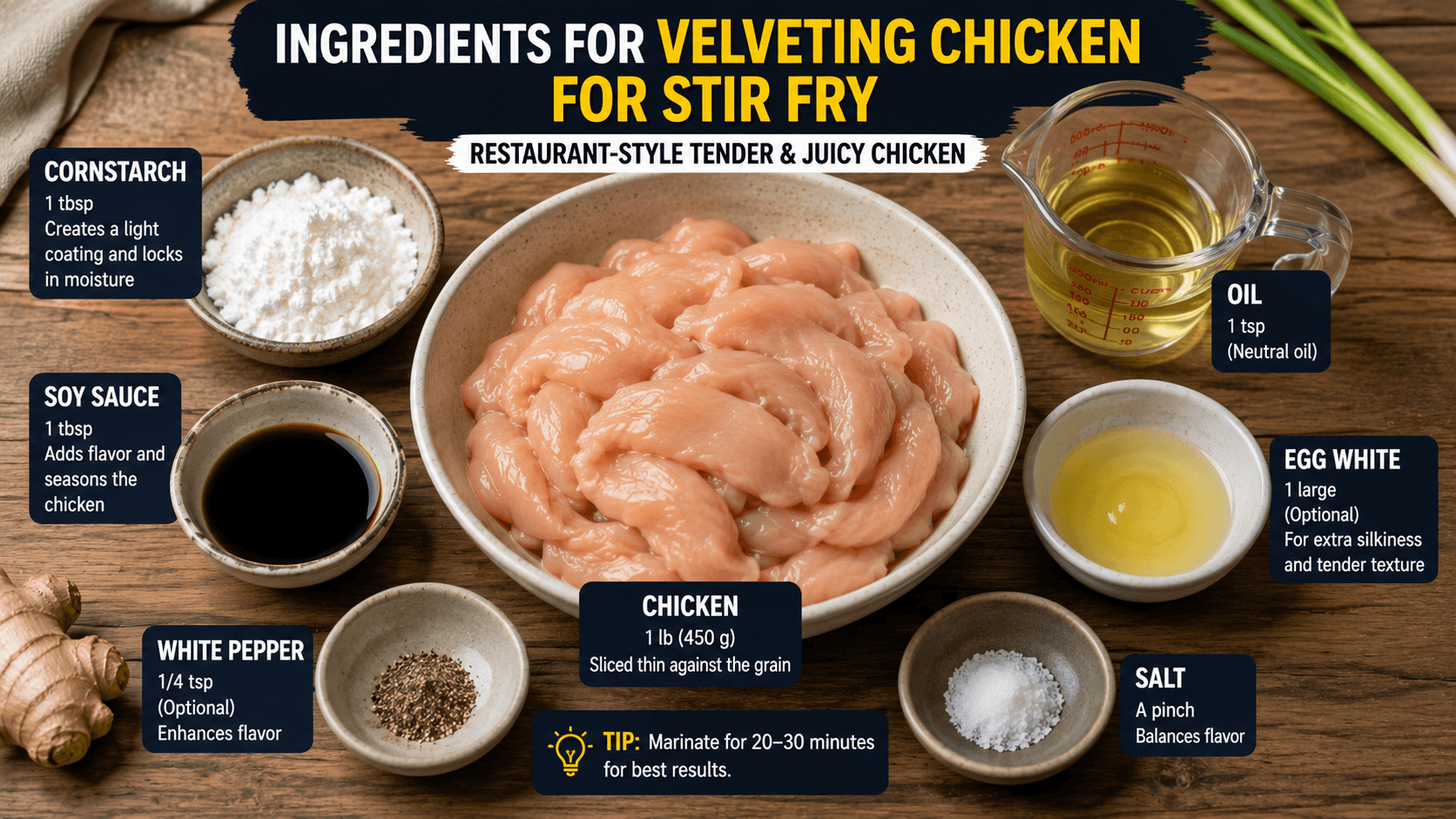 Ingredients used to velvet chicken for stir fry including cornstarch soy sauce oil and egg white