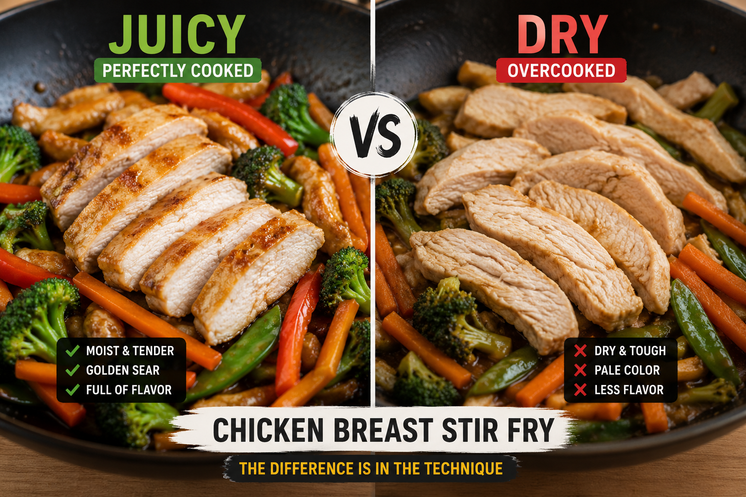 Side-by-side comparison showing juicy chicken breast and overcooked dry chicken breast in a stir fry