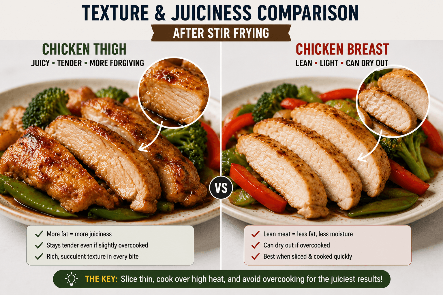 Tender chicken thigh compared with sliced chicken breast after stir frying