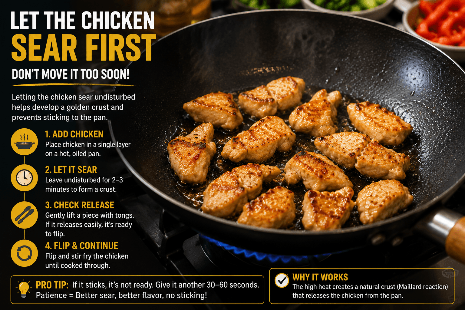 Chicken searing undisturbed before flipping during stir fry cooking