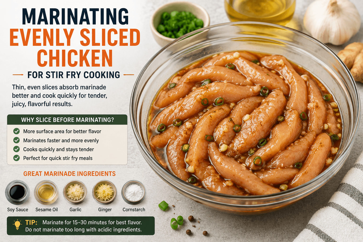 Thinly sliced chicken marinating evenly before stir fry cooking