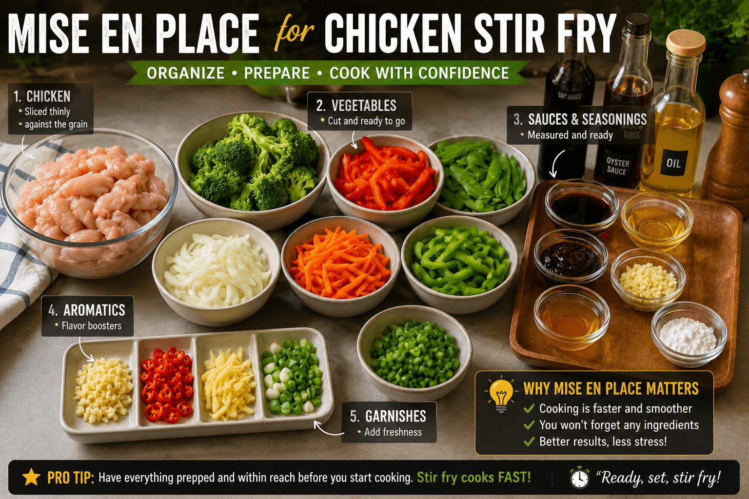 Prepared chicken vegetables and seasonings organized before cooking stir fry