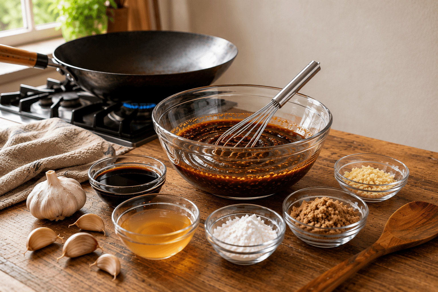 Homemade stir fry sauce being whisked together before adding to a hot wok