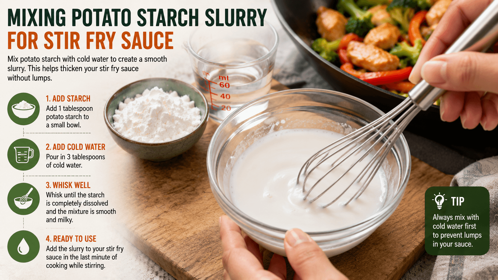Mixing potato starch with cold water to create a smooth slurry for chicken stir fry sauce