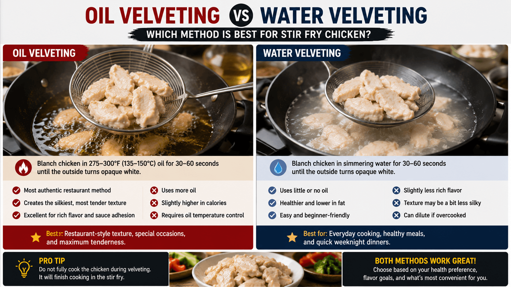 Comparison between oil velveting and water velveting chicken for stir fry