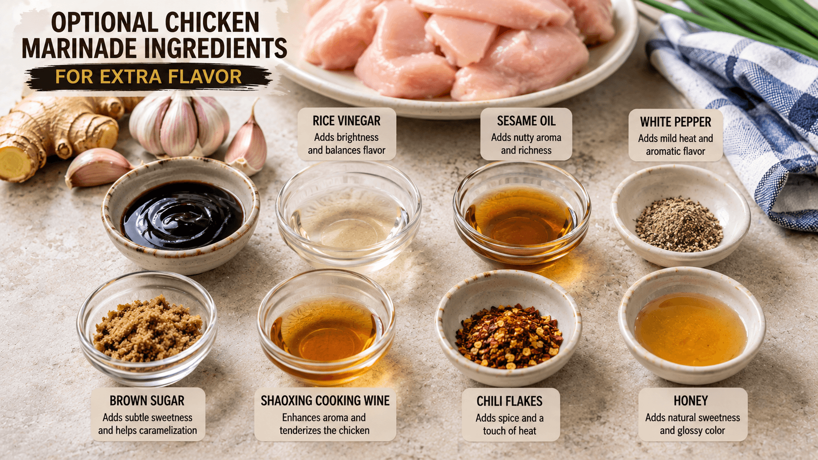 Optional ingredients like oyster sauce rice vinegar sesame oil and white pepper for chicken stir fry marinade