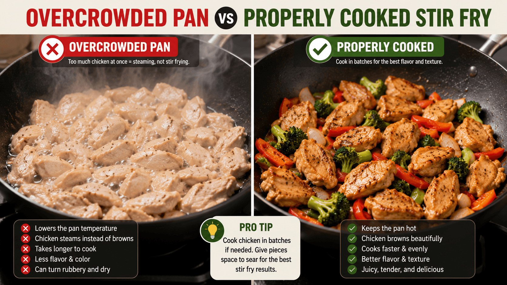 Comparison of overcrowded pan versus properly cooked chicken stir fry