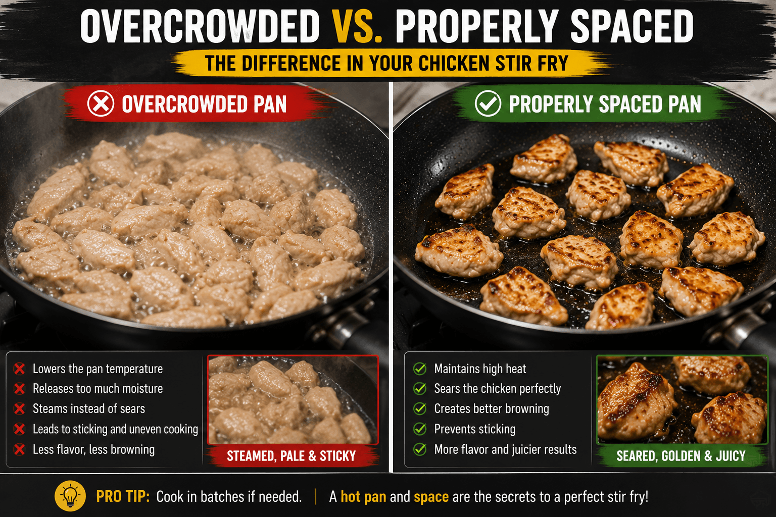 Comparison showing overcrowded chicken versus properly spaced chicken in a stir fry pan