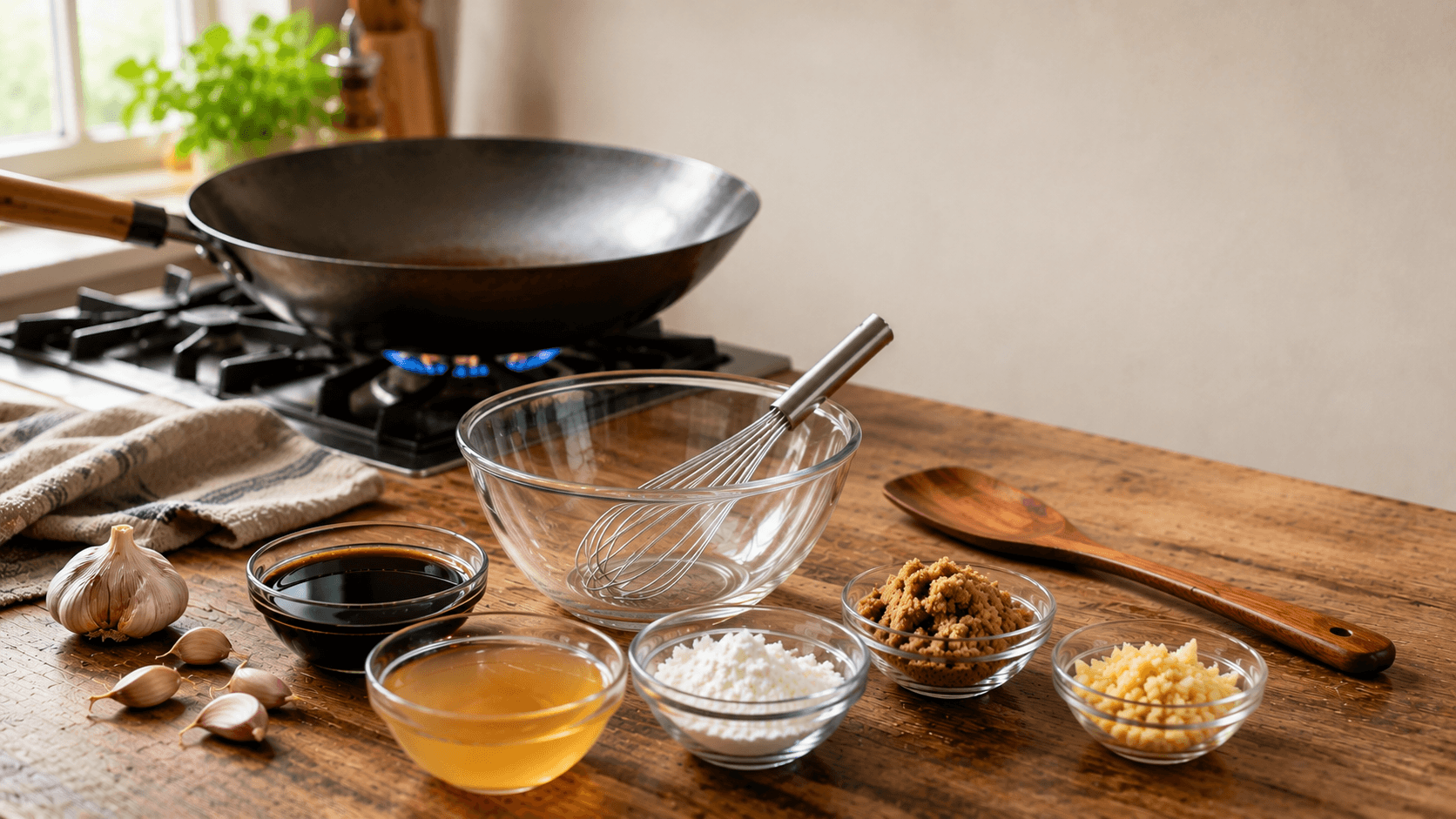 Pantry ingredients used to make homemade stir fry sauce arranged beside a wok