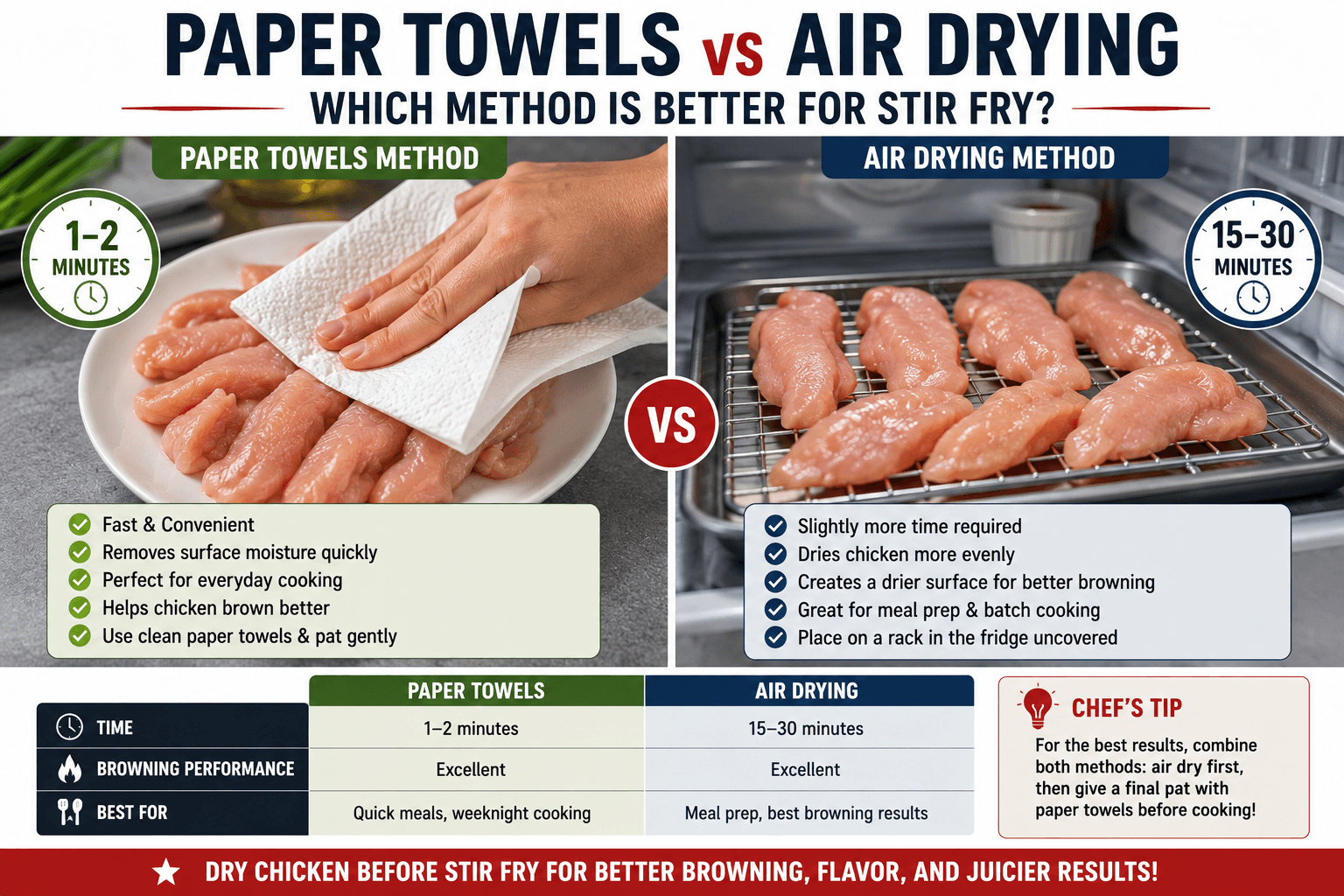 Comparison of drying chicken with paper towels versus air drying before stir fry