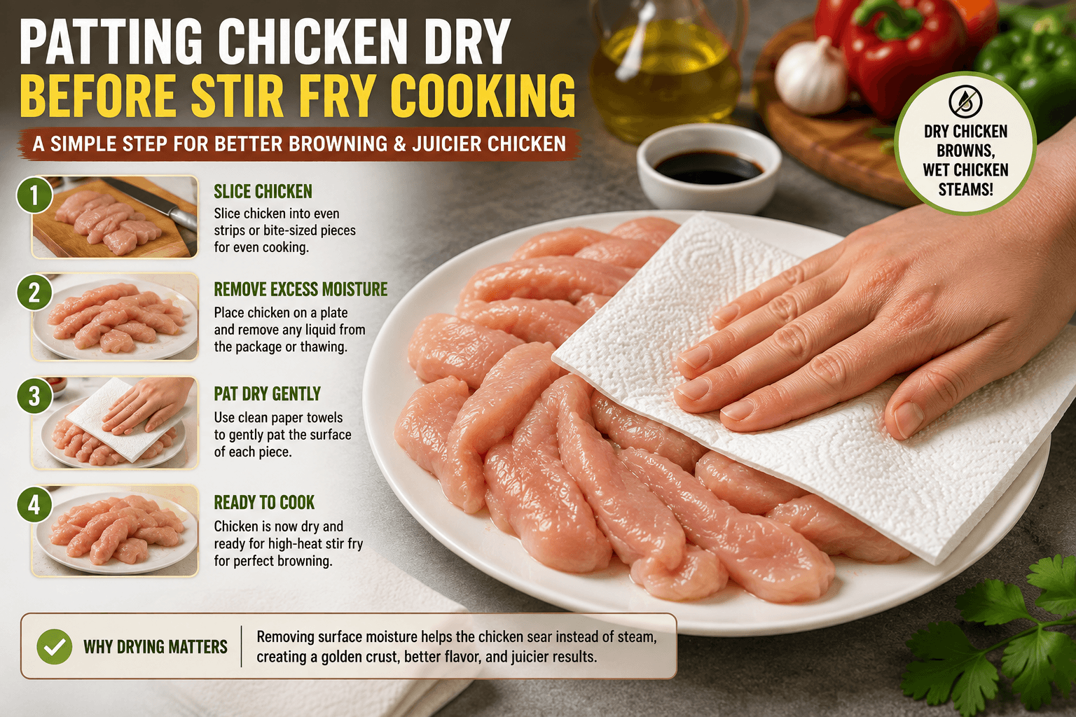 Patting sliced chicken dry with paper towels before stir fry cooking