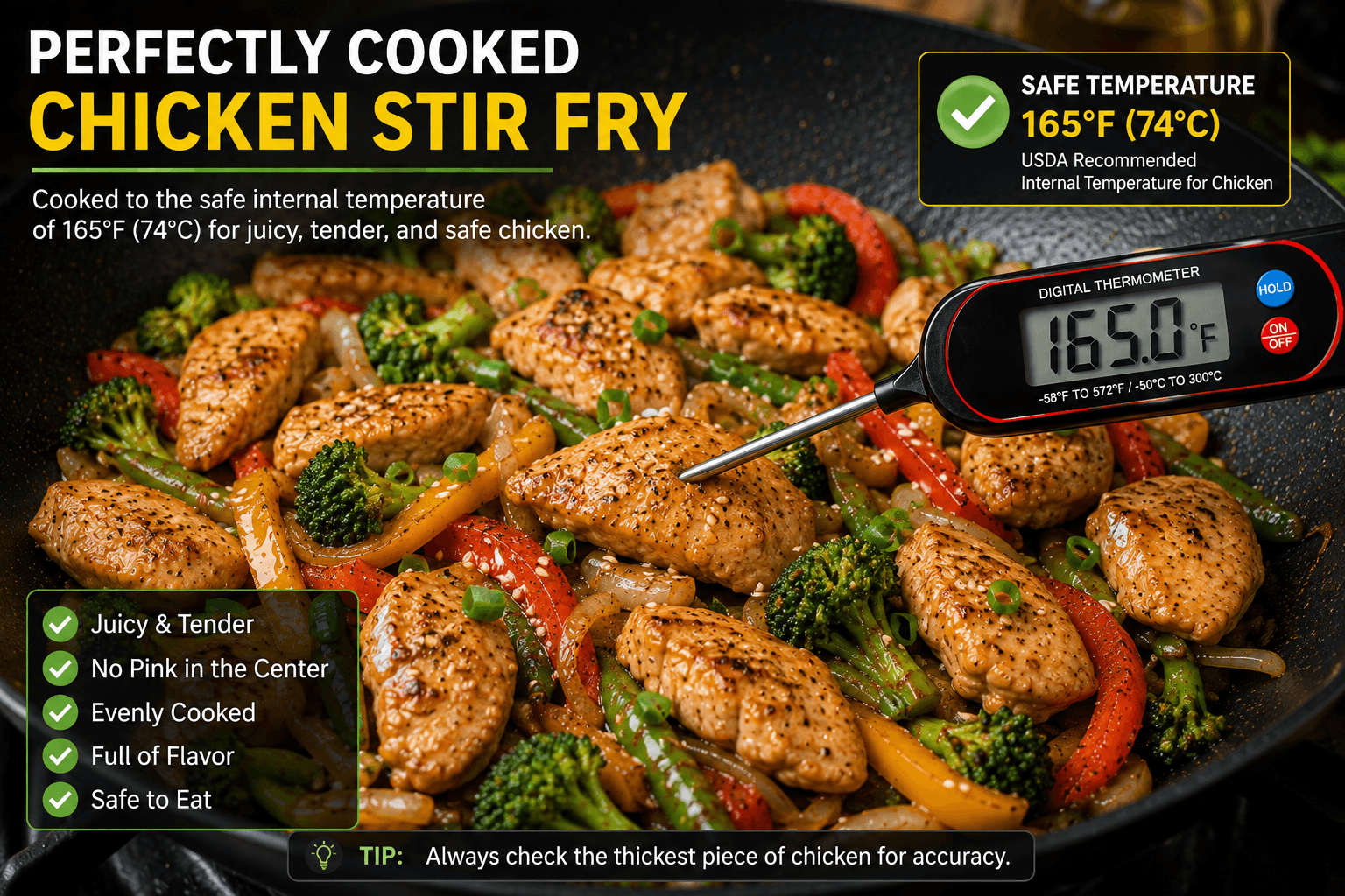 Perfectly cooked chicken stir fry after reaching the recommended chicken stir fry temperature