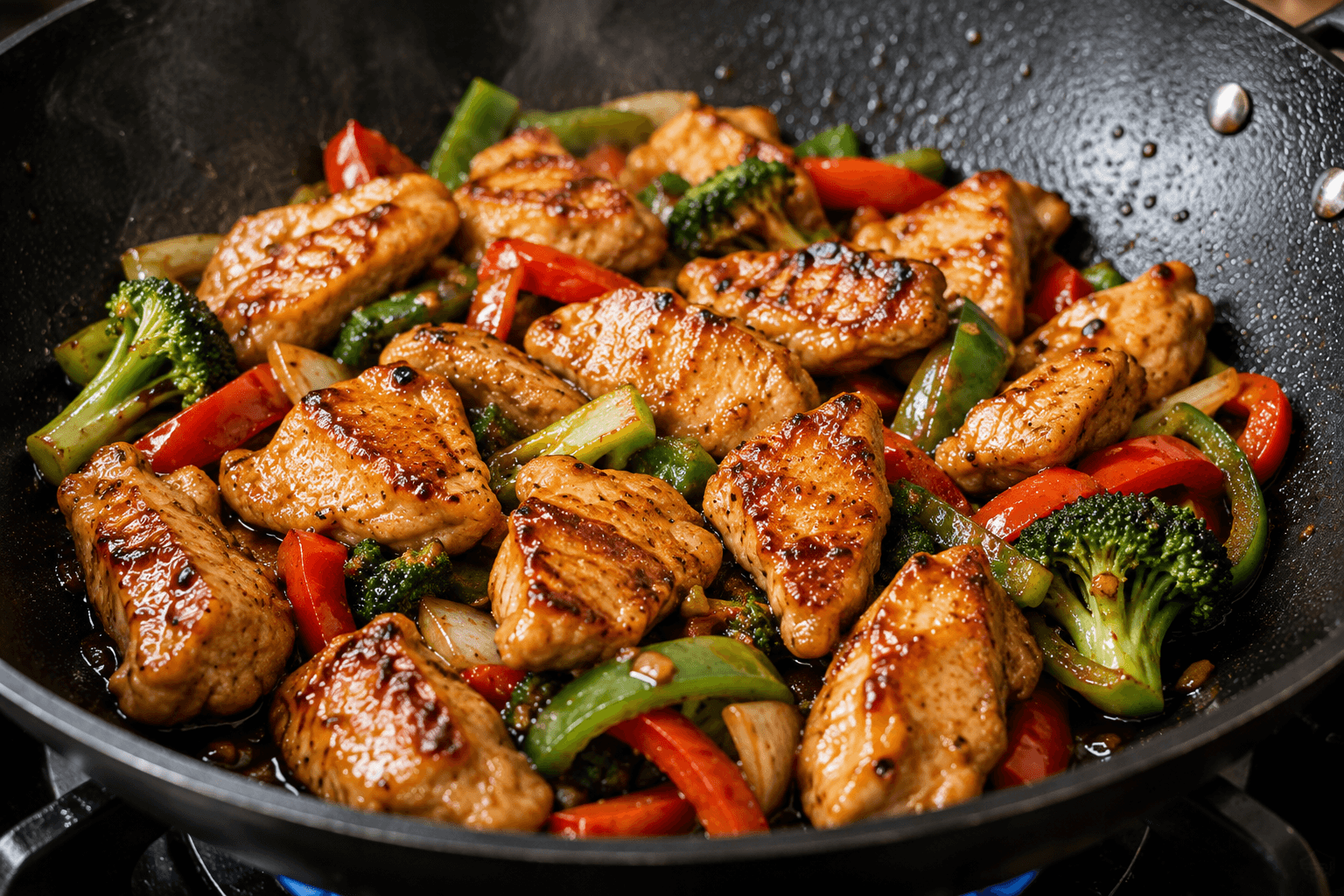 Golden brown chicken pieces cooked without sticking during stir fry