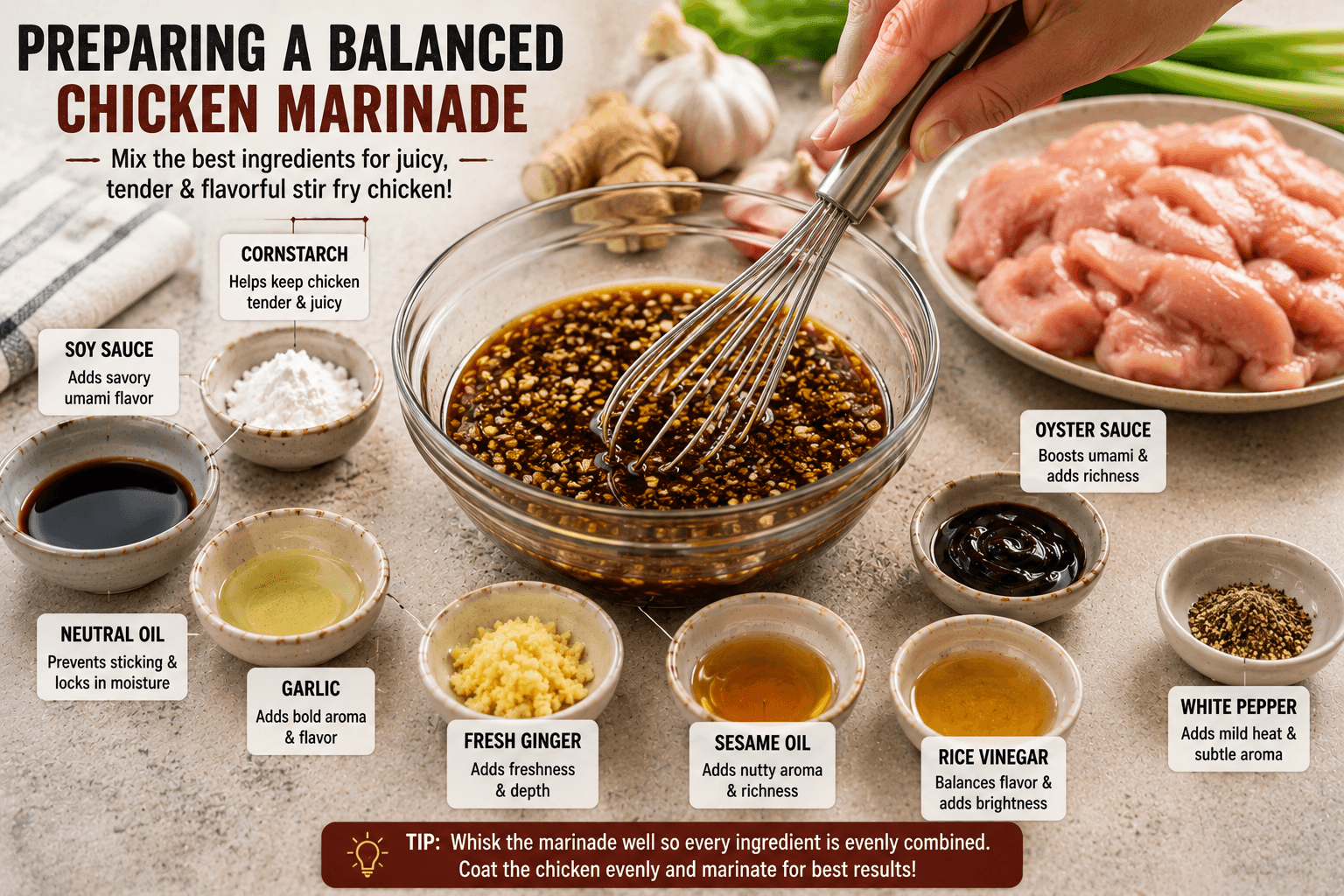 Mixing the best chicken marinade ingredients together before coating sliced chicken